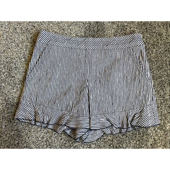 Trina Turk Rockin Ruffle Blue White Striped Shorts Size 2 Side Zip 4” Inseam - Picture 1 of 10